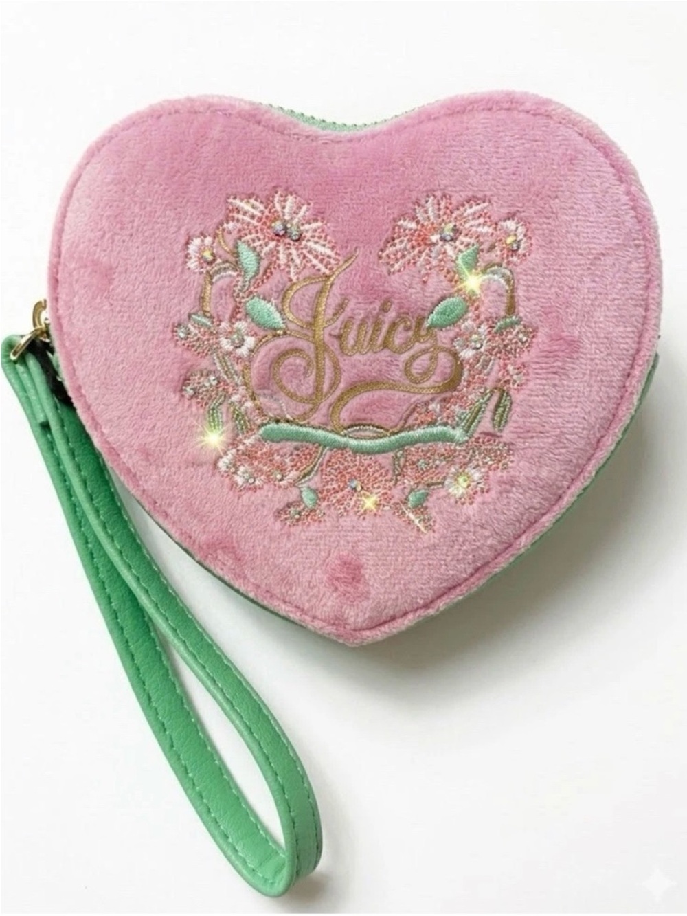 Juicy Couture Pink Heart Wristlet with Green Strap and Gold Embroidery NWT